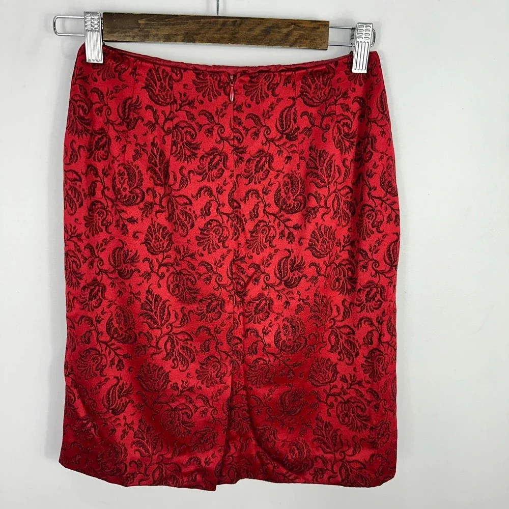 Vintage 90s Ann Taylor Pencil Skirt Womens 0P Red Floral Whimsigoth Baroque Glam